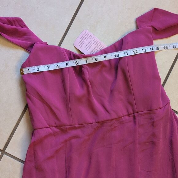 NWT After Six Off-the-Shoulder Maxi Dress Fushia Basque Neck Flounce Sleeves 12 - Picture 5 of 14